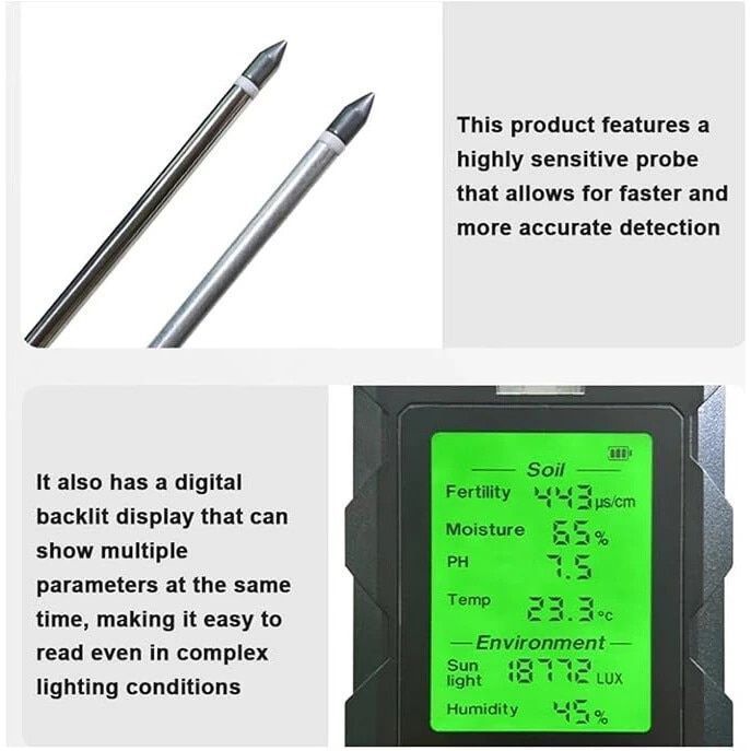 Plant Moisture Tester 6 in 1 Soil pH Tester Digital Plant Monitoring Device with LCD Display