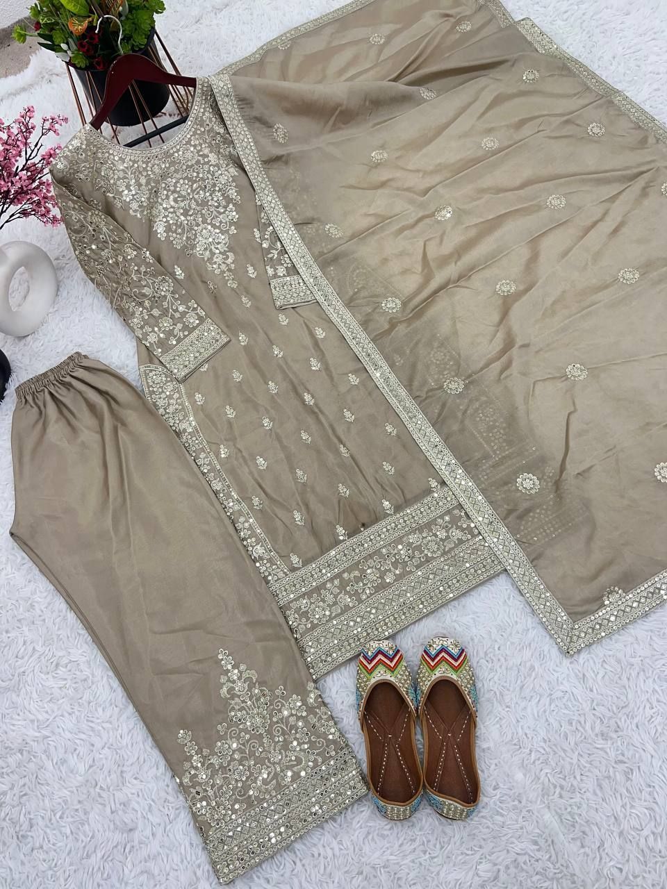 Fab Zone Beautiful Top-Bottom And Dupatta With Embroidery Sequence Work