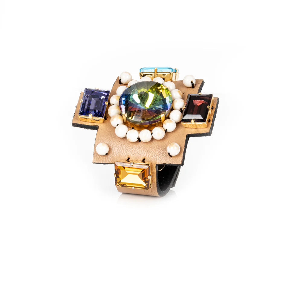 The Dark Prism Cross Cuff Multicolor Crystal Statement Leather Bracelet