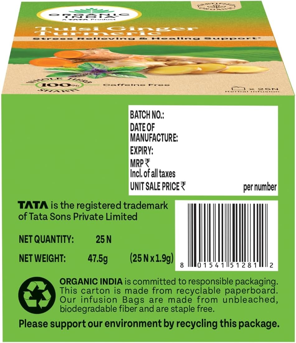 شاي تولسي الزنجبيل والكركم من ORGANIC INDIA، 25 كيس شاي