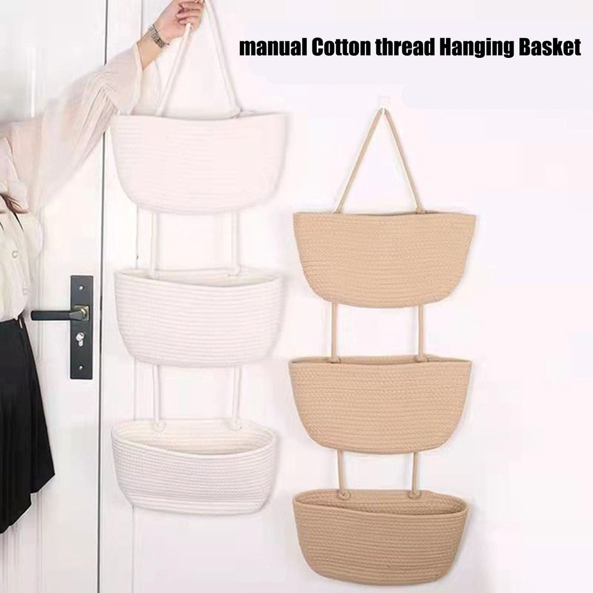 3 Tier Door Hanging Basket Woven Cotton Wall Storage Bag Decorative Hanging Storage Basket