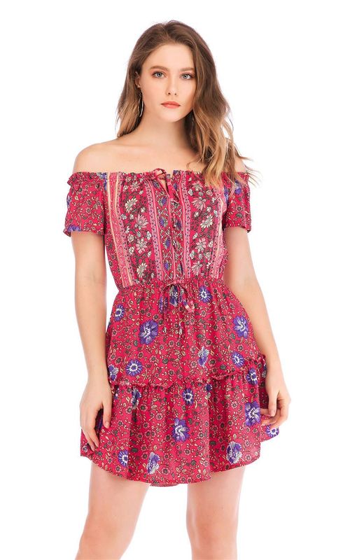 Floral Print Strapless Dress Off Shoulder Sexy Short Dress Women Vacation Beach Wear