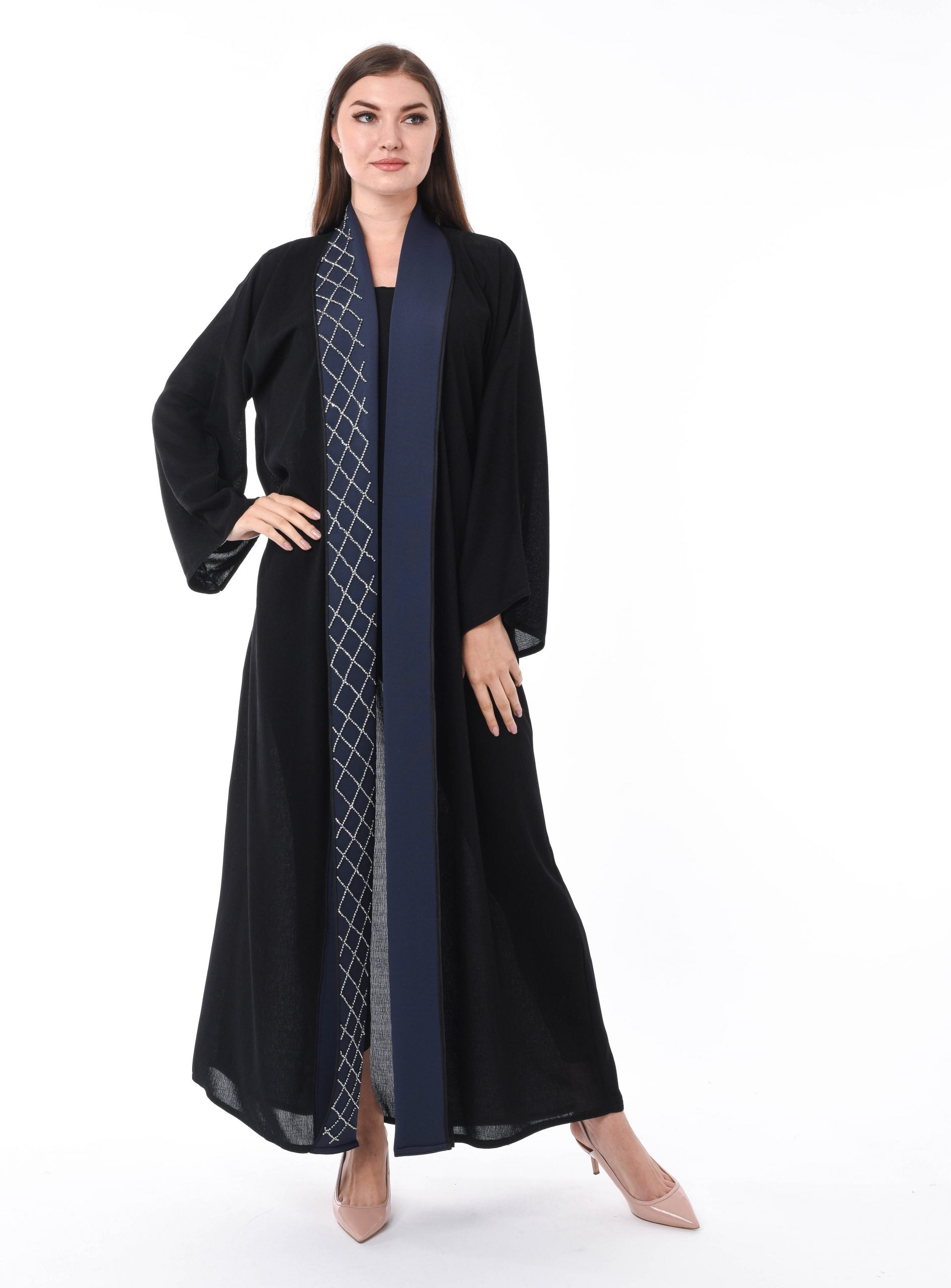 MOiSTREET Black Abaya with Navy Bead work Panel