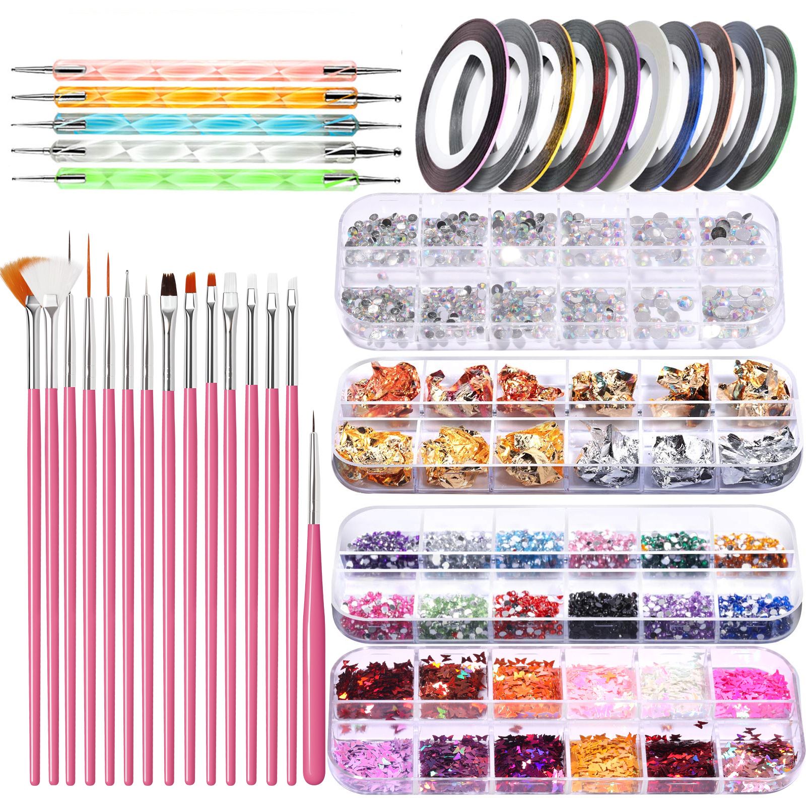Nail Art Brushes Kit Nail Design Decorations Set Dotting Tools Multicolor Nail Rhinestone