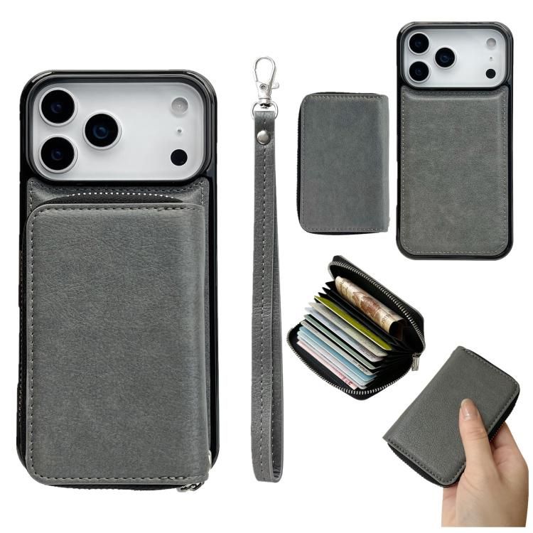 For iPhone 18 Pro Max / iPhone 17 Pro Max Solid Color Zipper 11-Card Slots Bag Phone Case with Lanyard