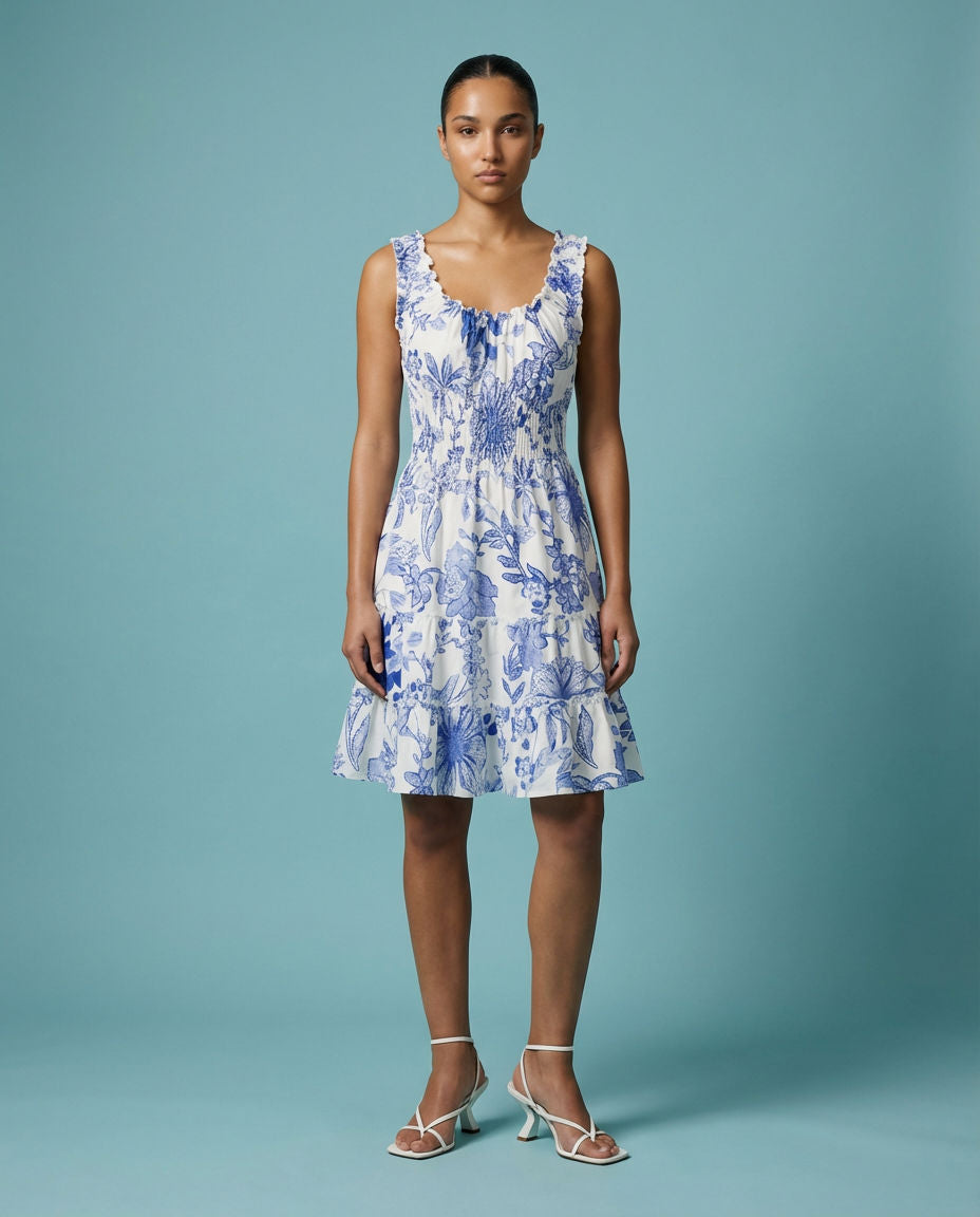 Urban Outfitters Blue Floral Smocked Tiered Mini Dress
