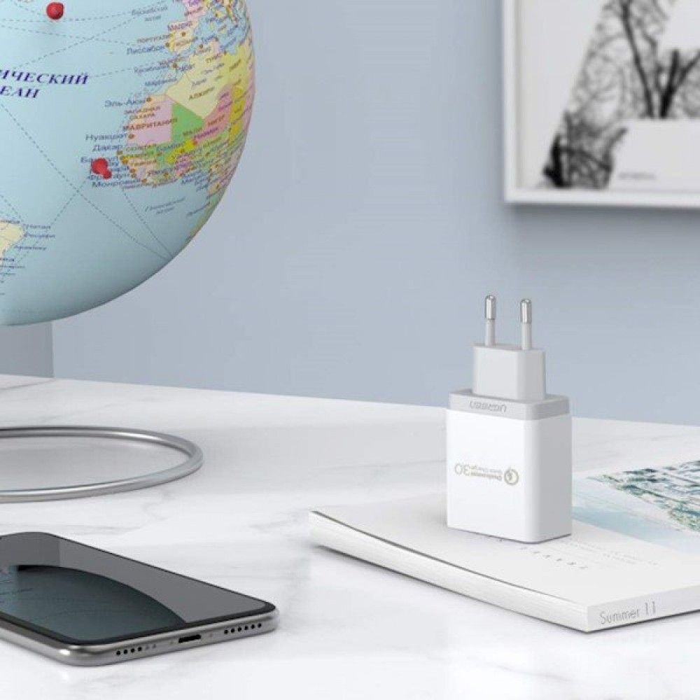 شاحن حائطي USB من UGREEN طراز CD122 بقدرة 18 واط، يدعم تقنية الشحن السريع 3.0، مزود بمقبس الاتحاد الأوروبي، محول شحن سريع