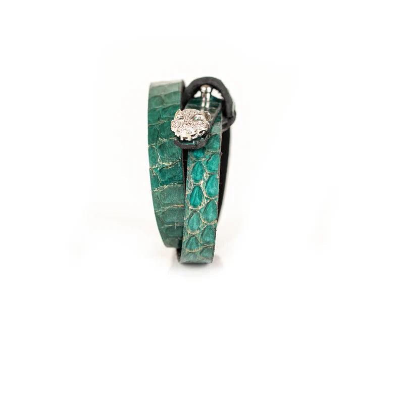 The Dark Turquoise Python Leather Bracelet with Crystal Panther Charm