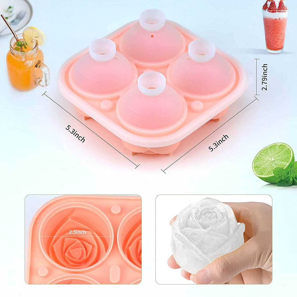 4 Cavity Ice Cube Trays 3D Silicone Rose Ice Tray Mold With Removable Funnel-Shaped Lid
