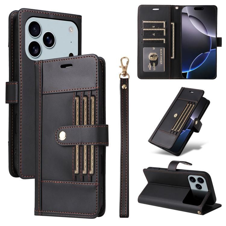 For iPhone 18 Pro Max / iPhone 17 Pro Max Six Card Slots Buckle Leather Phone Case with Lanyard