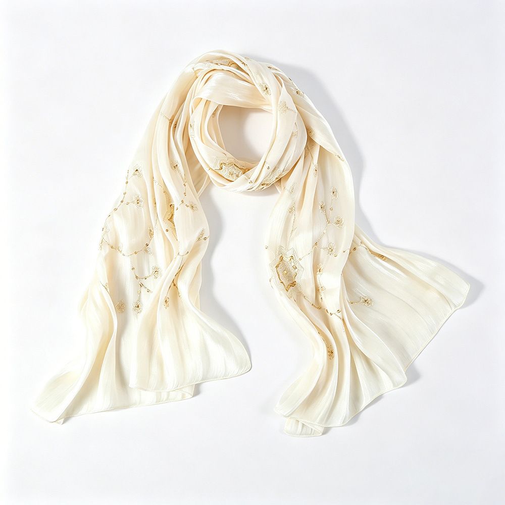 Khaki Embroidered Chiffon Hijab Scarf with Gold Floral