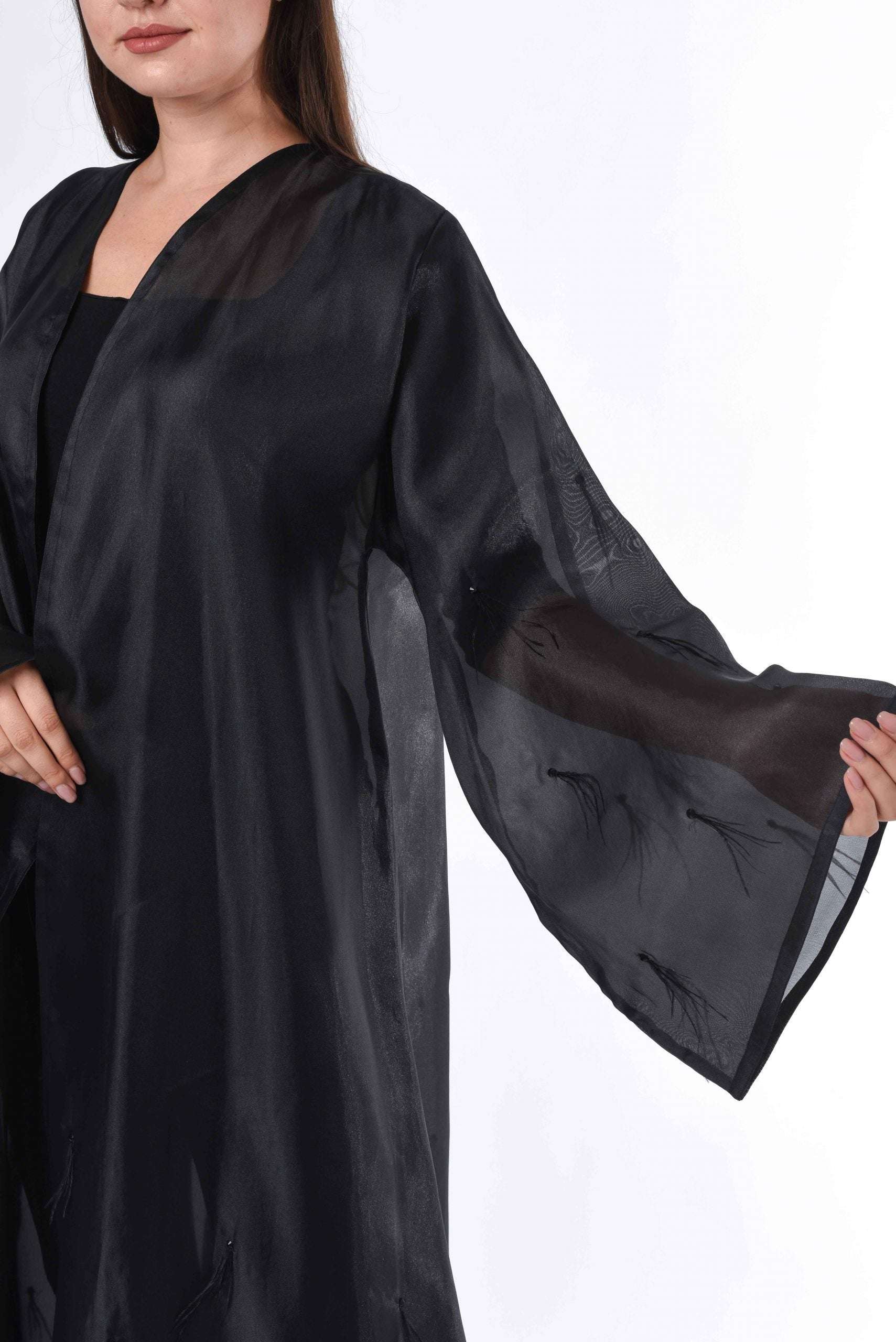 MOiSTREET Black see through Abaya with Feather Detail