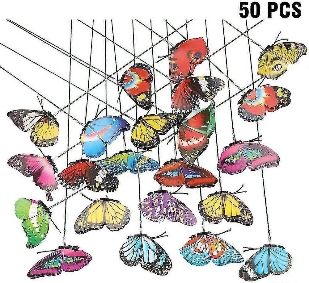 Lot Of 50 Colorful Butterflies Of 7 Cm For Garden Decoration On Butterfly Sticks