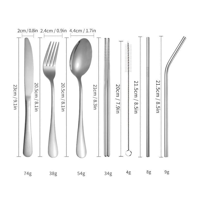 Stainless Steel Tableware Set Straw Knife Fork Spoon Chopsticks Portable Tableware