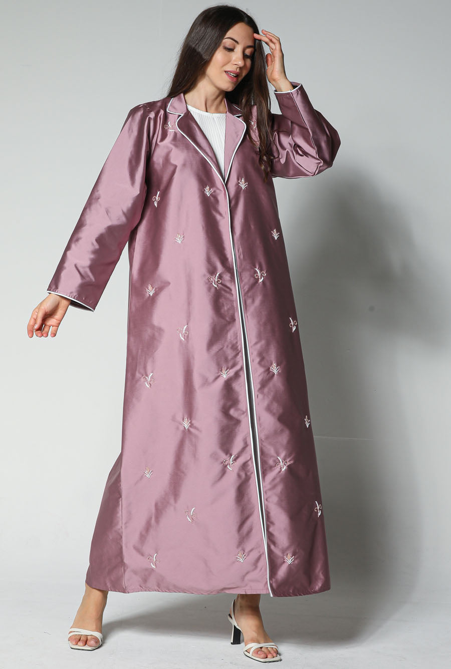 MOiSTREET Pink Victoria Satin Abaya with Embroidery