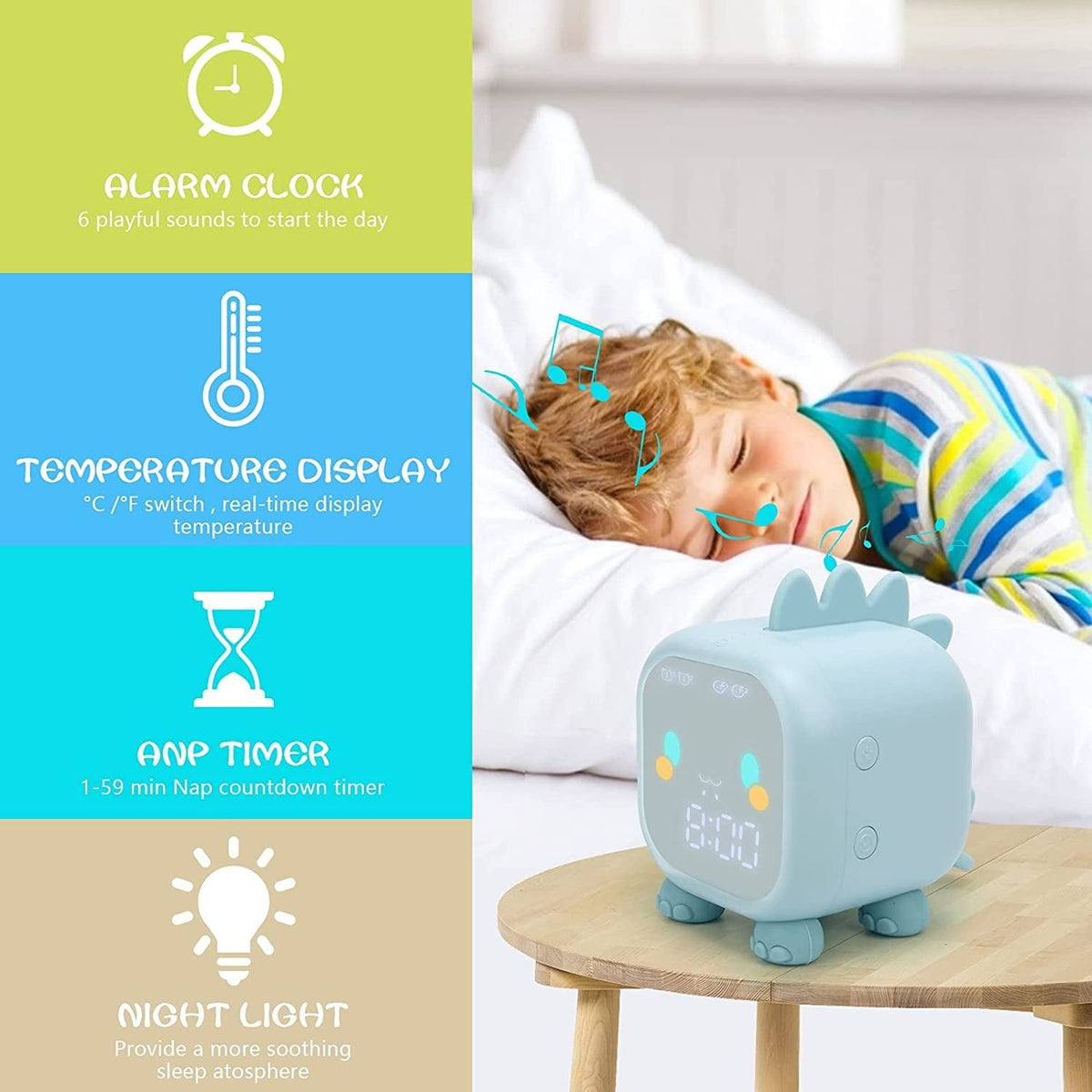 Kids Dinosaur Alarm Clock Creative Cartoon Bedside Clock Night Light Rechargeable