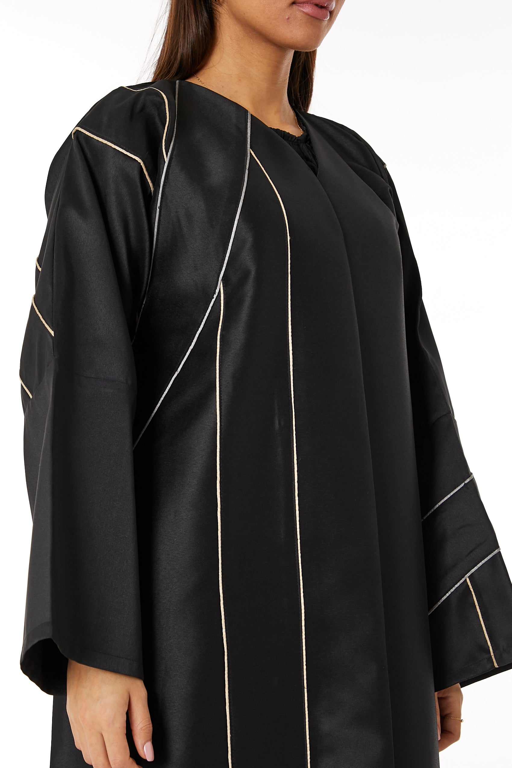 MOiSTREET Black Bridal Satin V-Neck Abaya with contrast Lining