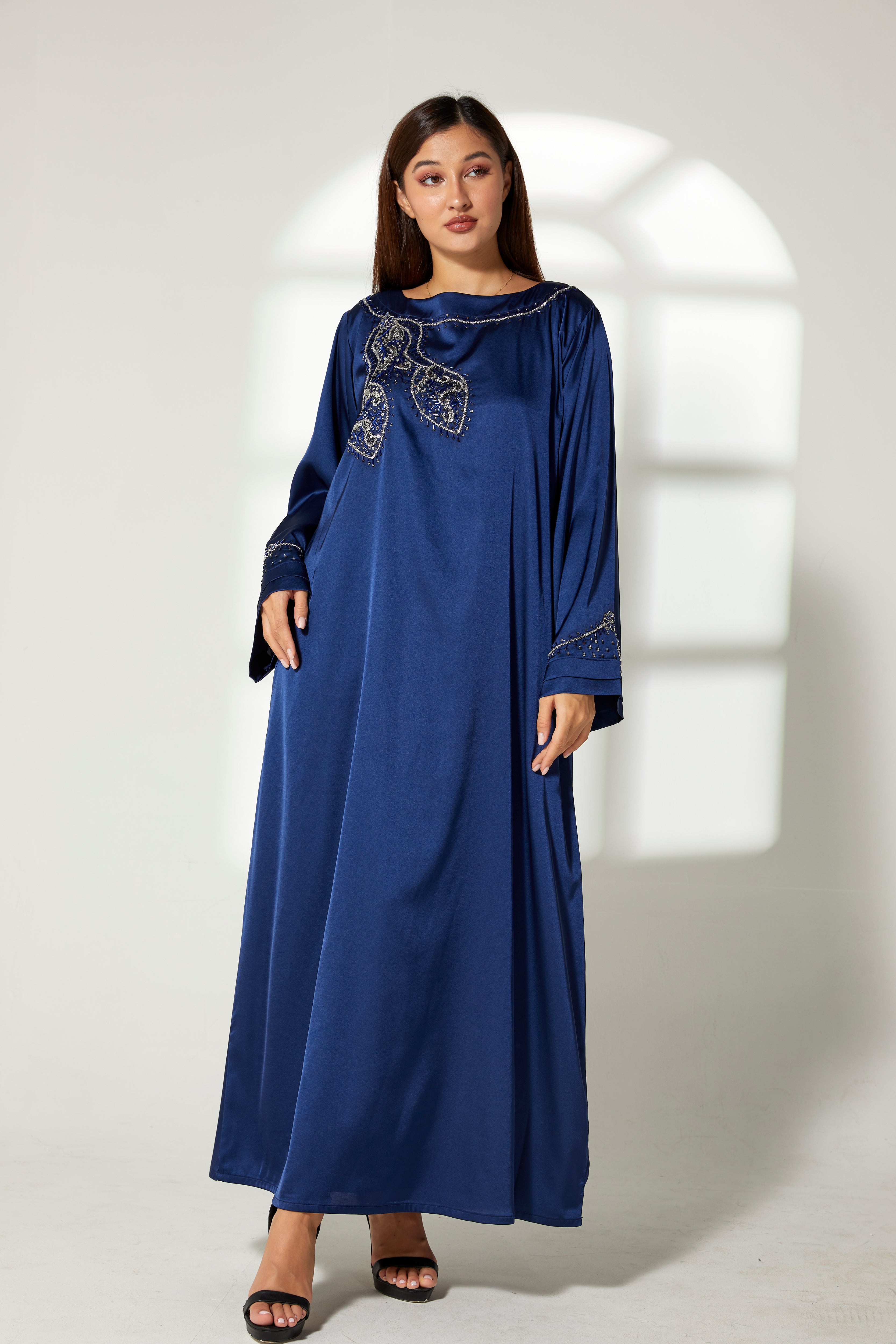 MOiSTREET Navy Silk Hand Embroidered  Kaftan