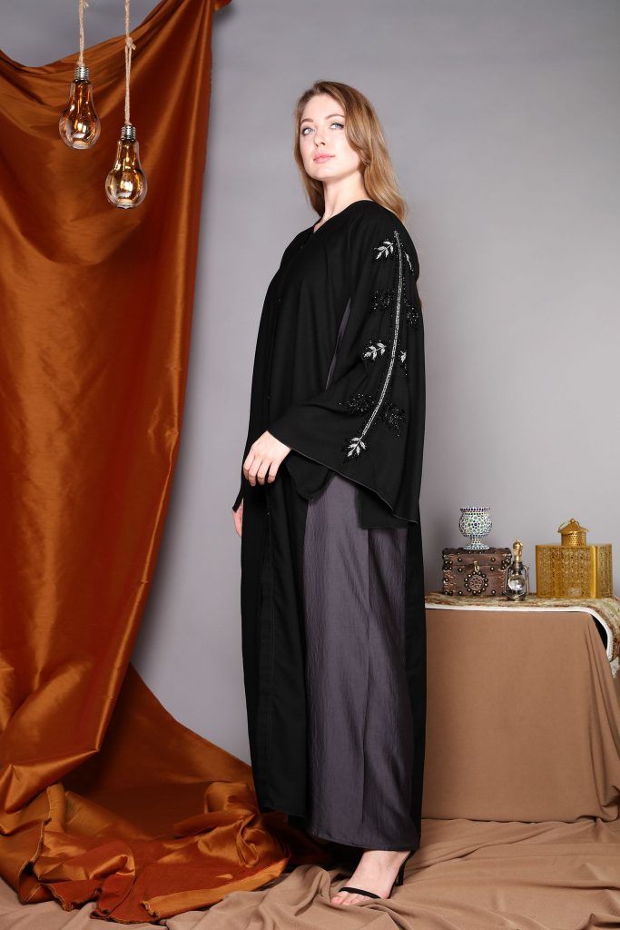 MOiSTREET Black Abaya With Hand Embroidered Sleeves