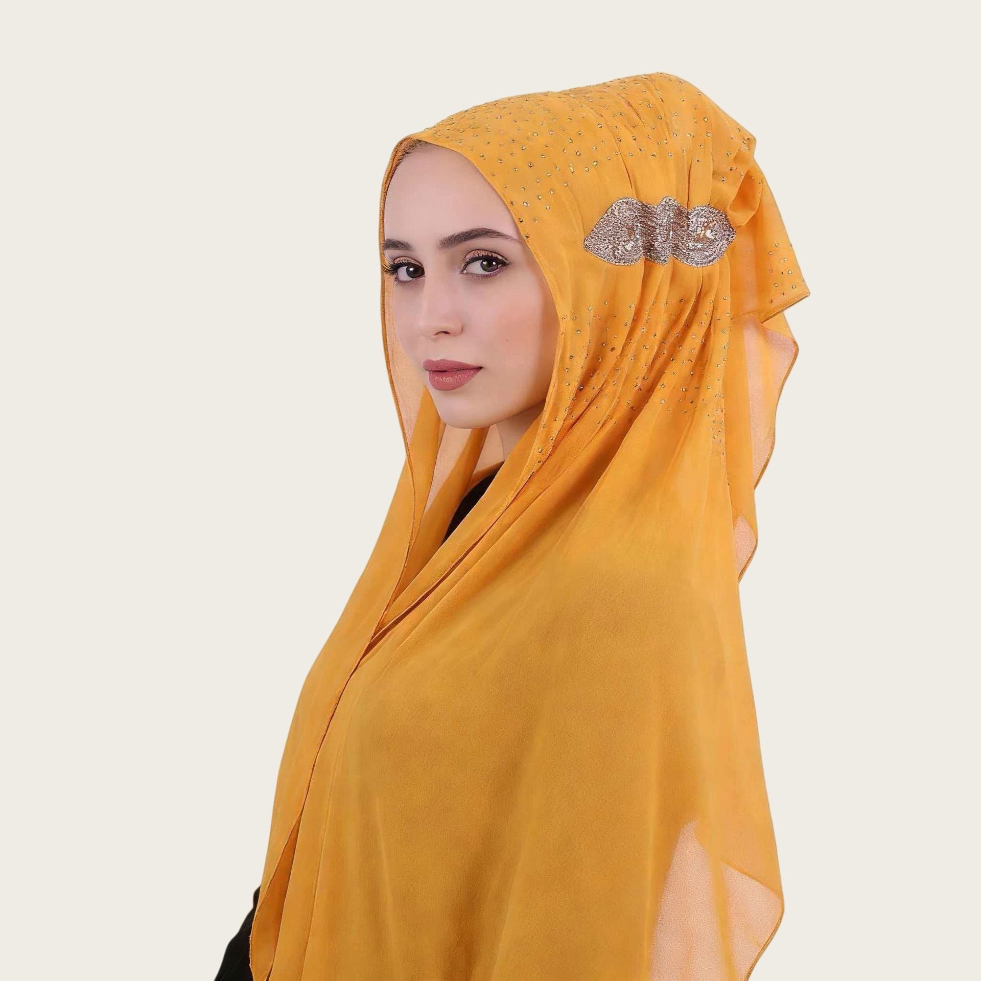 Khaki Chiffon Rhinestone Beaded Hijab Scarf for Women