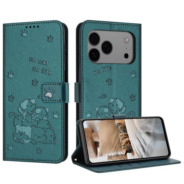 For iPhone 18 Pro Max / iPhone 17 Pro Max Embossed Kitten Phone Leather Case with Lanyard