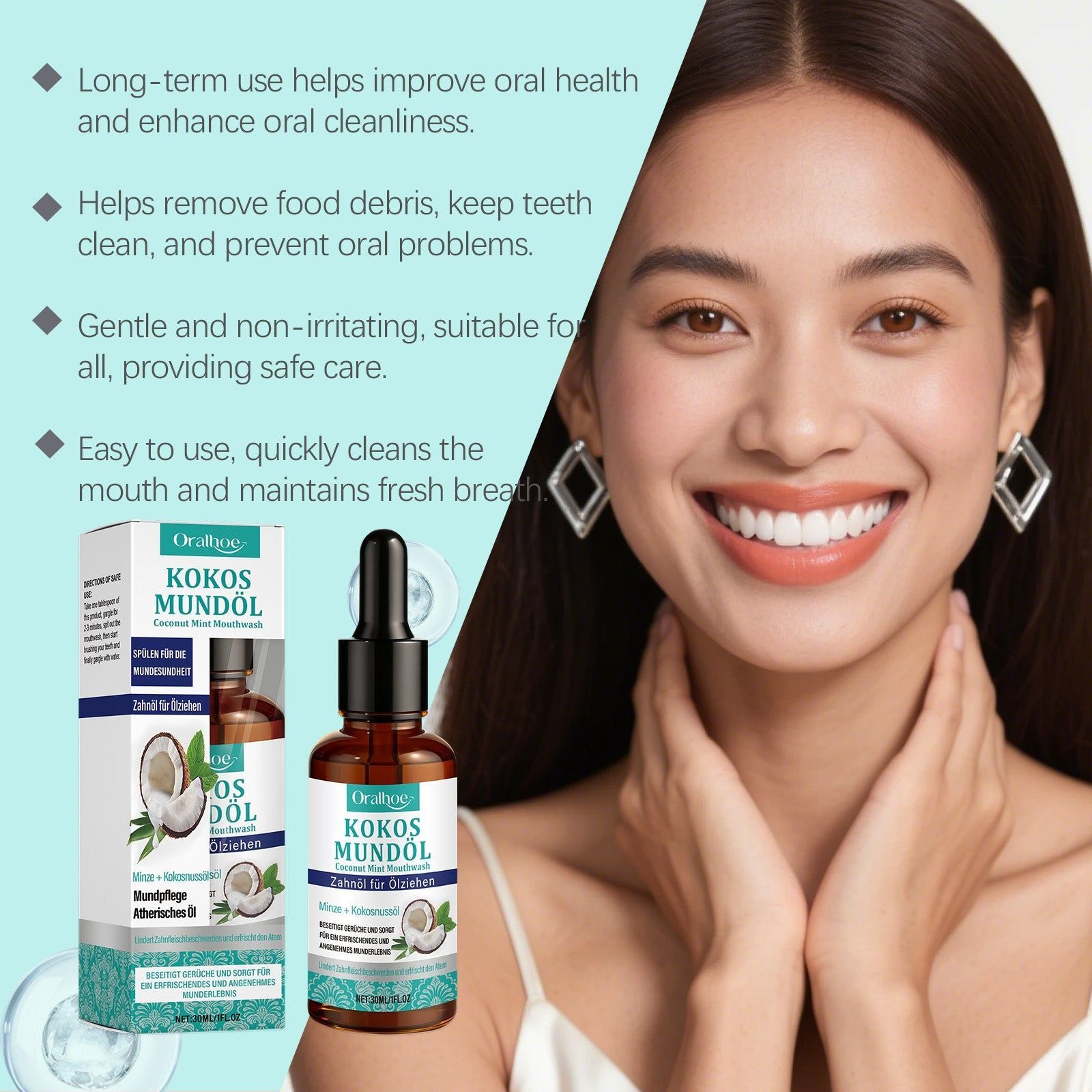 Coconut Mint Mouthwash, Long-Lasting Fresh Breath, Gum Care, Daily Oral Hygiene ,30ml