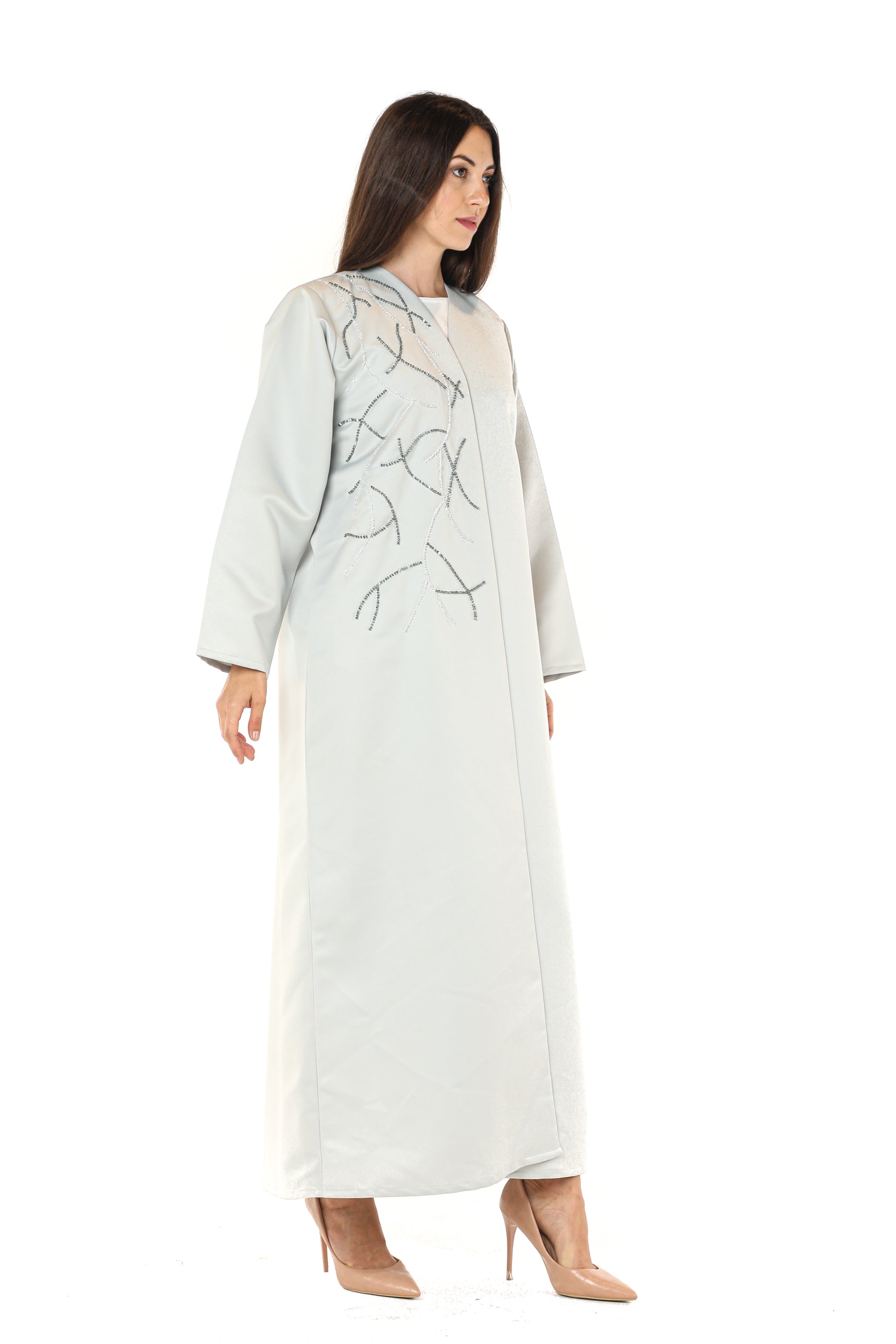 MOiSTREET Bridal Satin Grey Embroidery Abaya