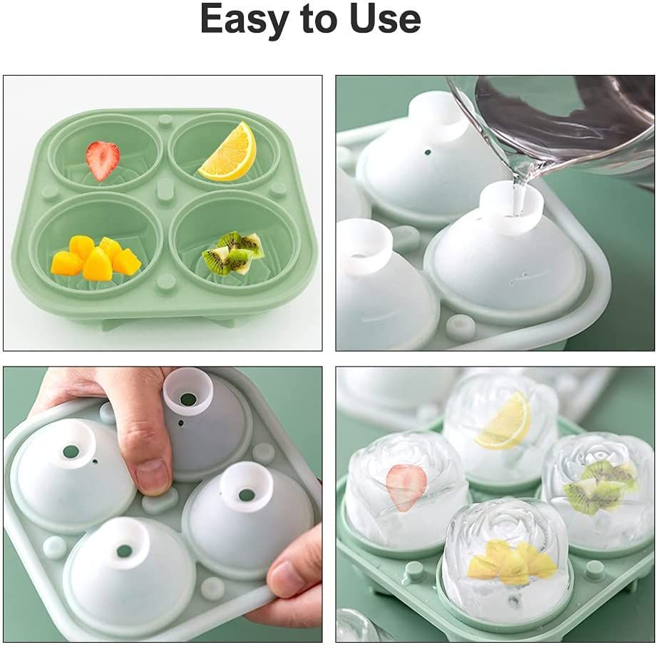 4 Cavity Ice Cube Trays 3D Silicone Rose Ice Tray Mold With Removable Funnel-Shaped Lid