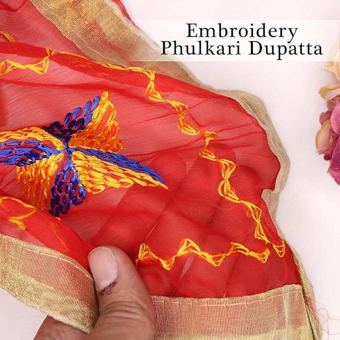 Women's Embroidered Phulkari Chiffon Dupatta for Bridal, Karwa Chauth and Family Functions| Gift for Family and Friends