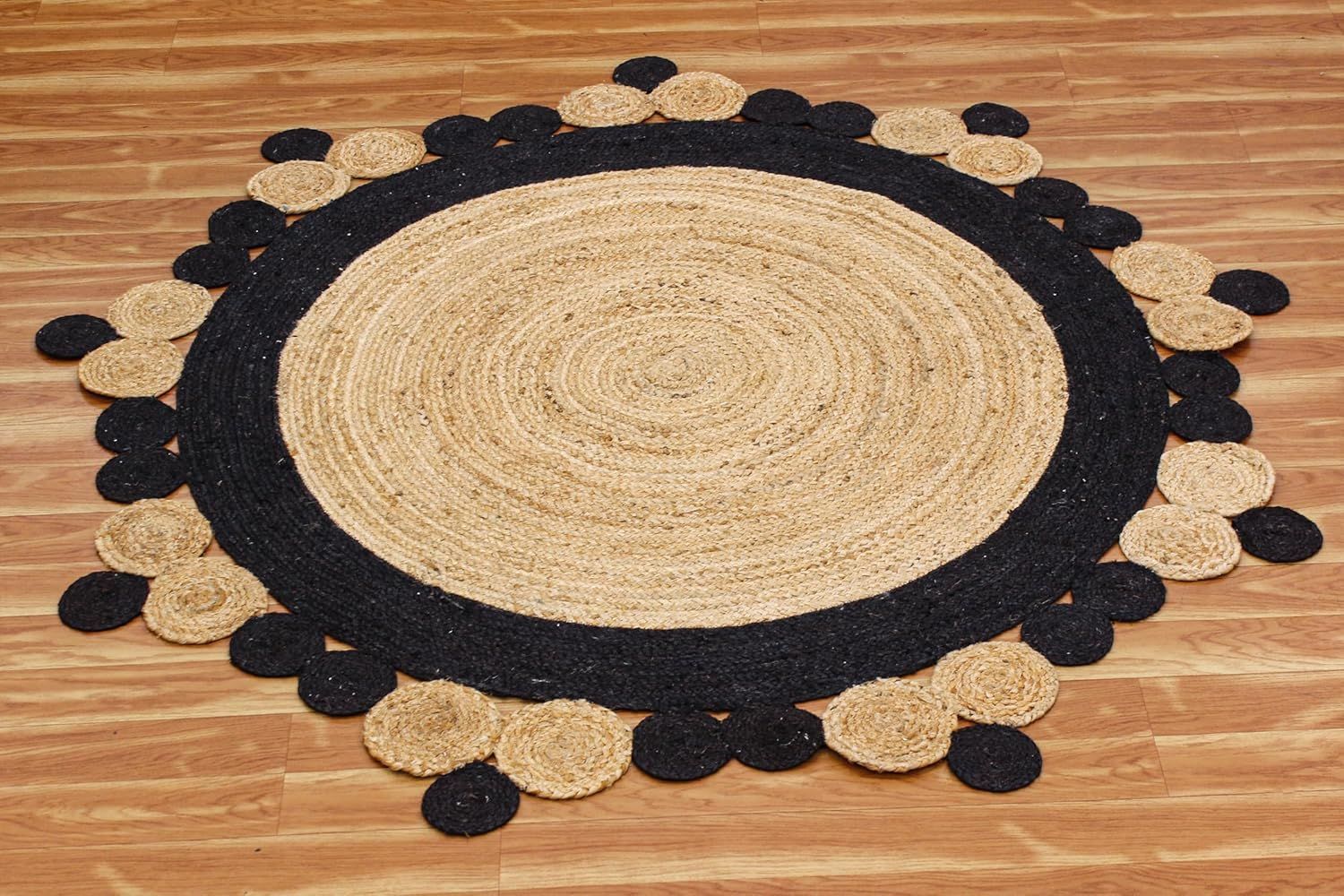 Designer Scalloped Border Jute Round Rug | Black & Natural Handwoven Area Carpet