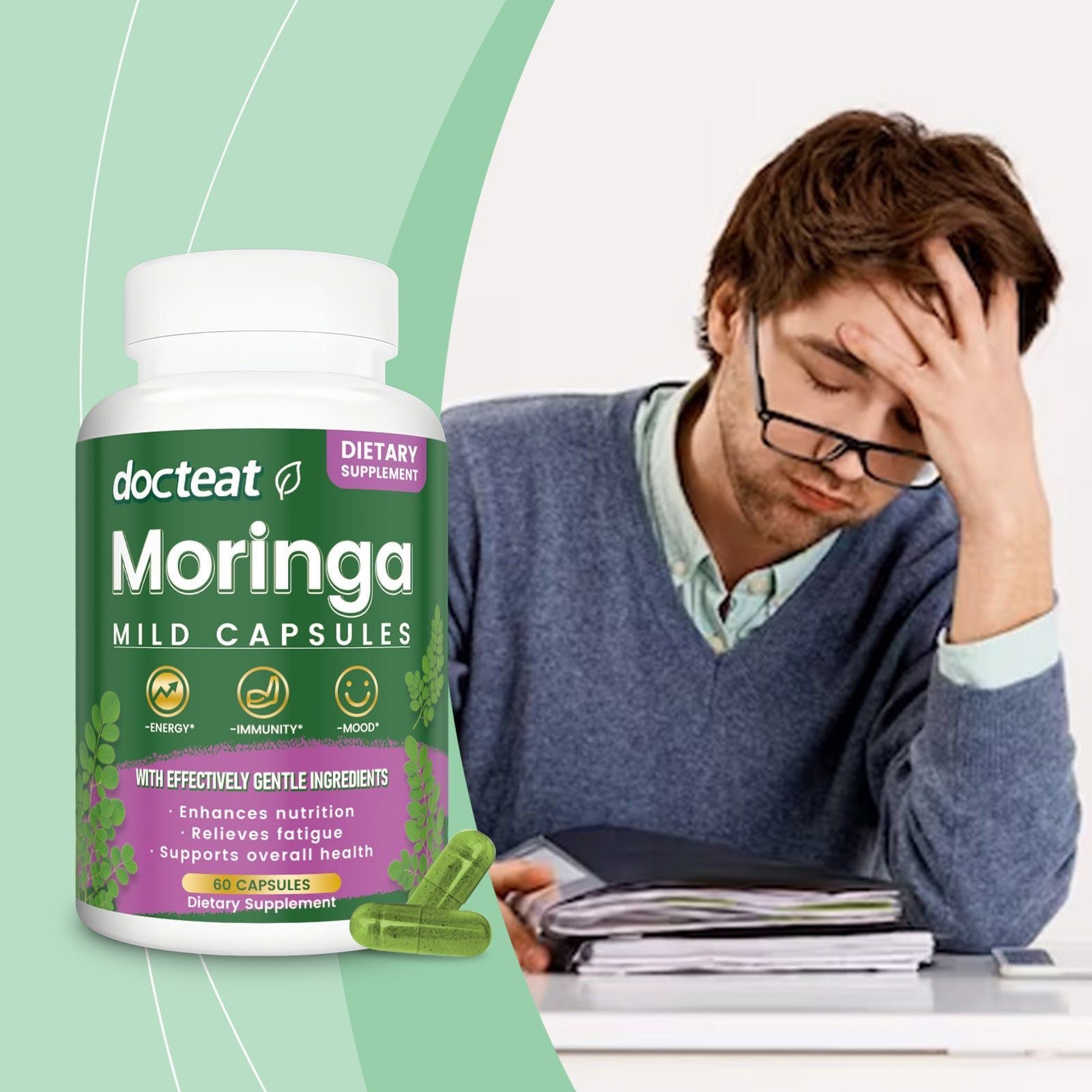 Boost Energy and Vitality with Moringa Capsules, Daily Body Care Support ,60pcs