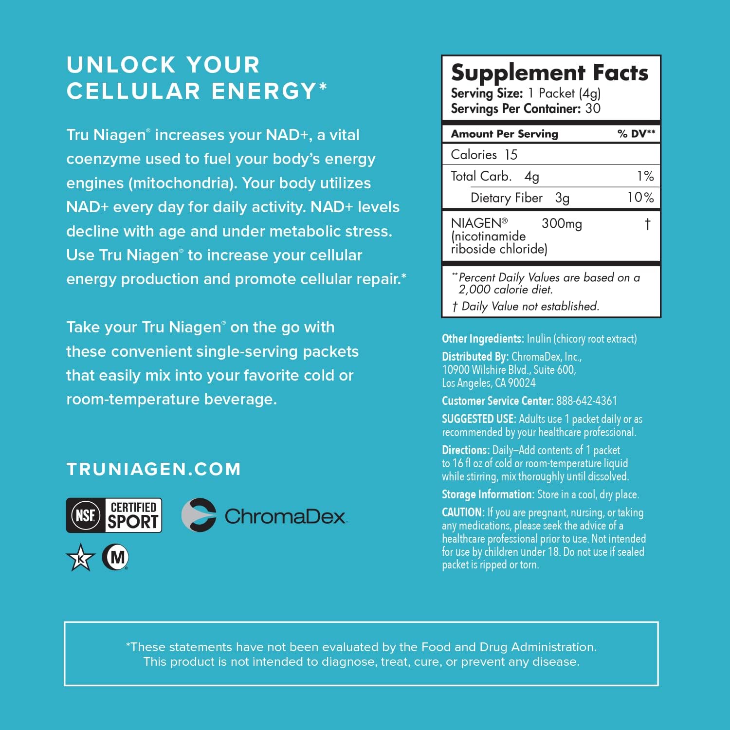 TRU NIAGEN NAD+ Booster with Hydration & Prebiotic Support 30ct/300mg Stick Packs: On-The-Go Supplement