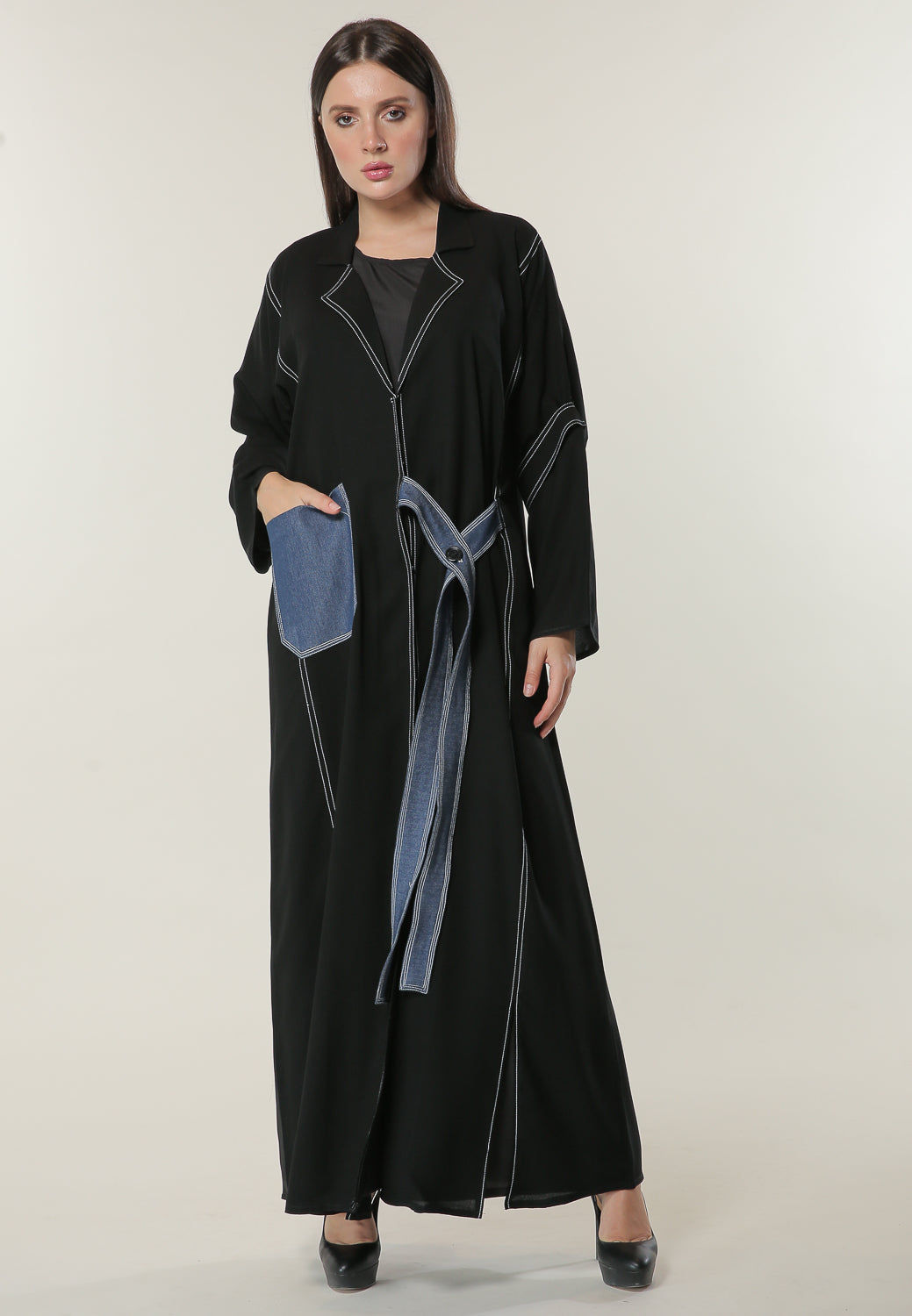 MOiSTREET Black Casual Abaya with Denim Pocket and Belt Detailing