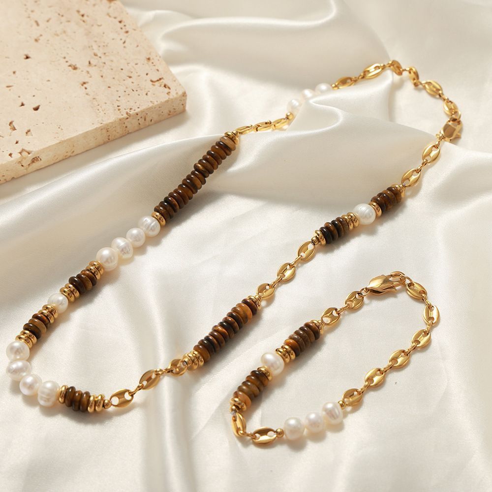 Women Pearl Necklace Bracelet Set Tiger Eye Stone Beaded Chain Jewelry Gifts for Mom Wife