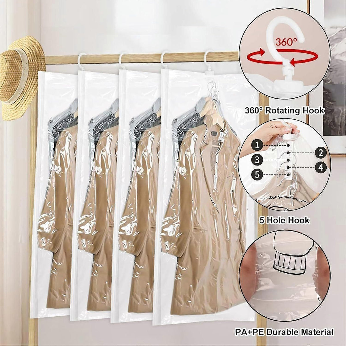4 Pack Hanging Vacuum Storage Bags With 360 Degree Hanging Hooks