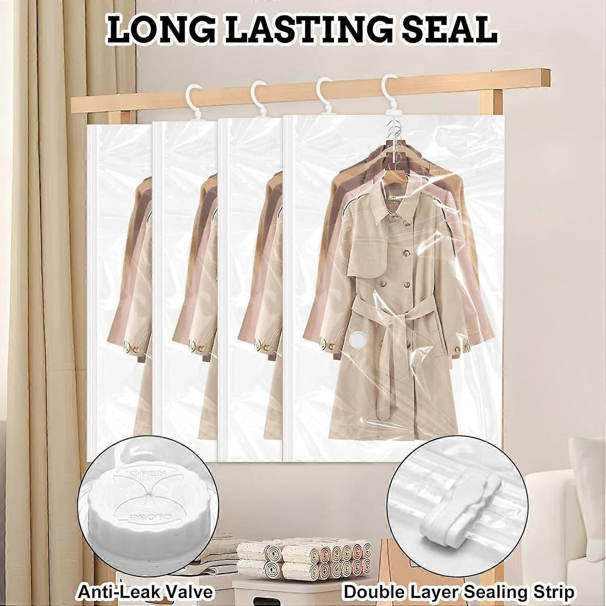 4 Pack Hanging Vacuum Storage Bags With 360 Degree Hanging Hooks