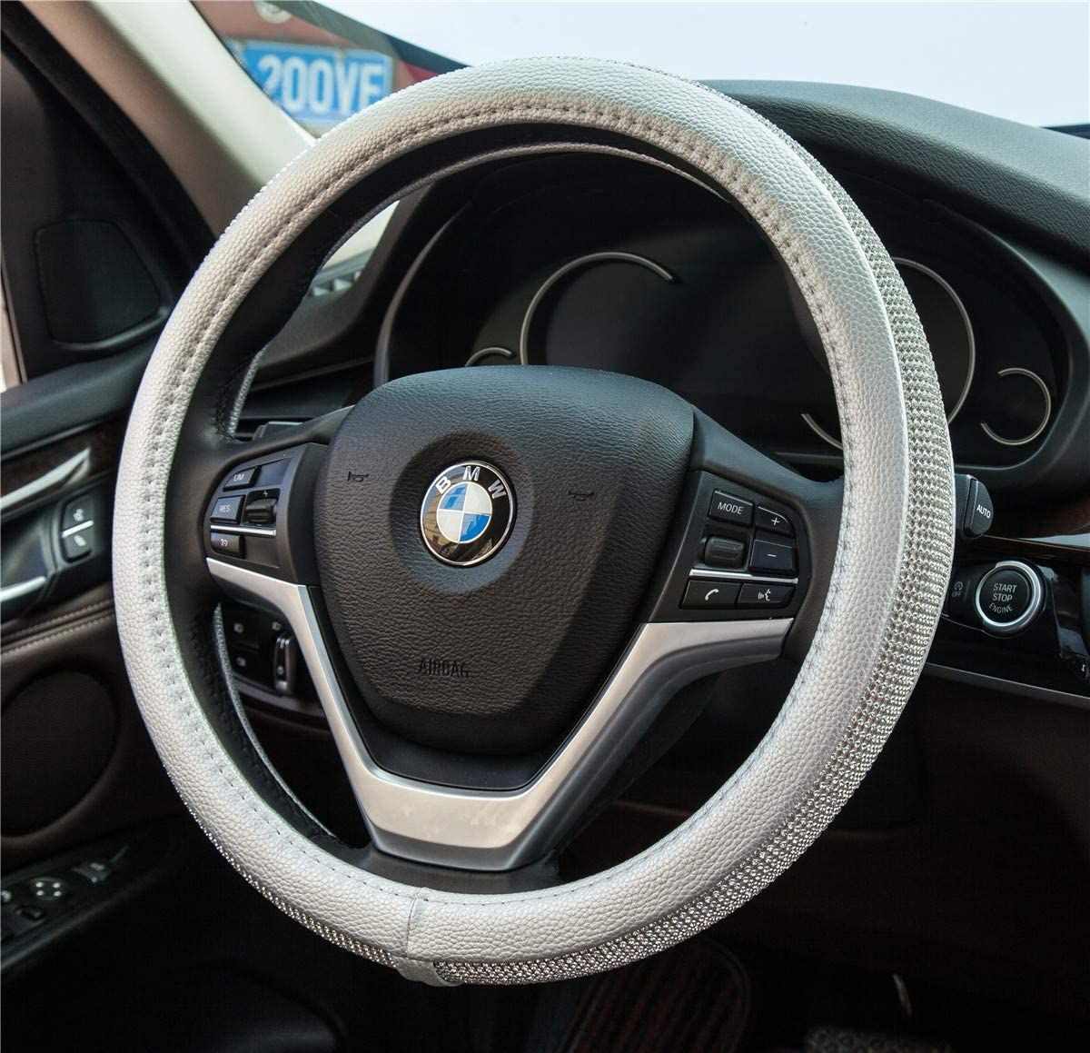 PU Leather Steering Wheel Cover Protector with Bling Crystal Rhinestones for 15 Inch
