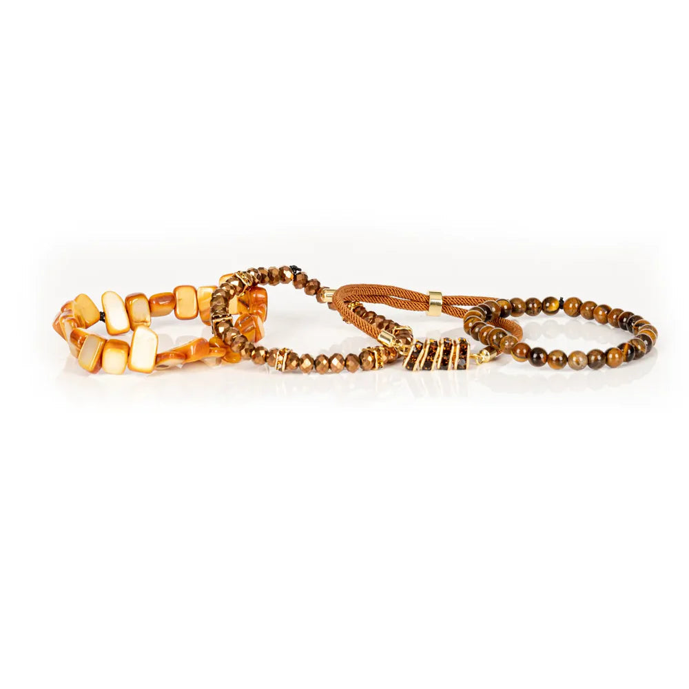The Dark The Golden Ember Brown & Amber Stone Layered Bracelet Set