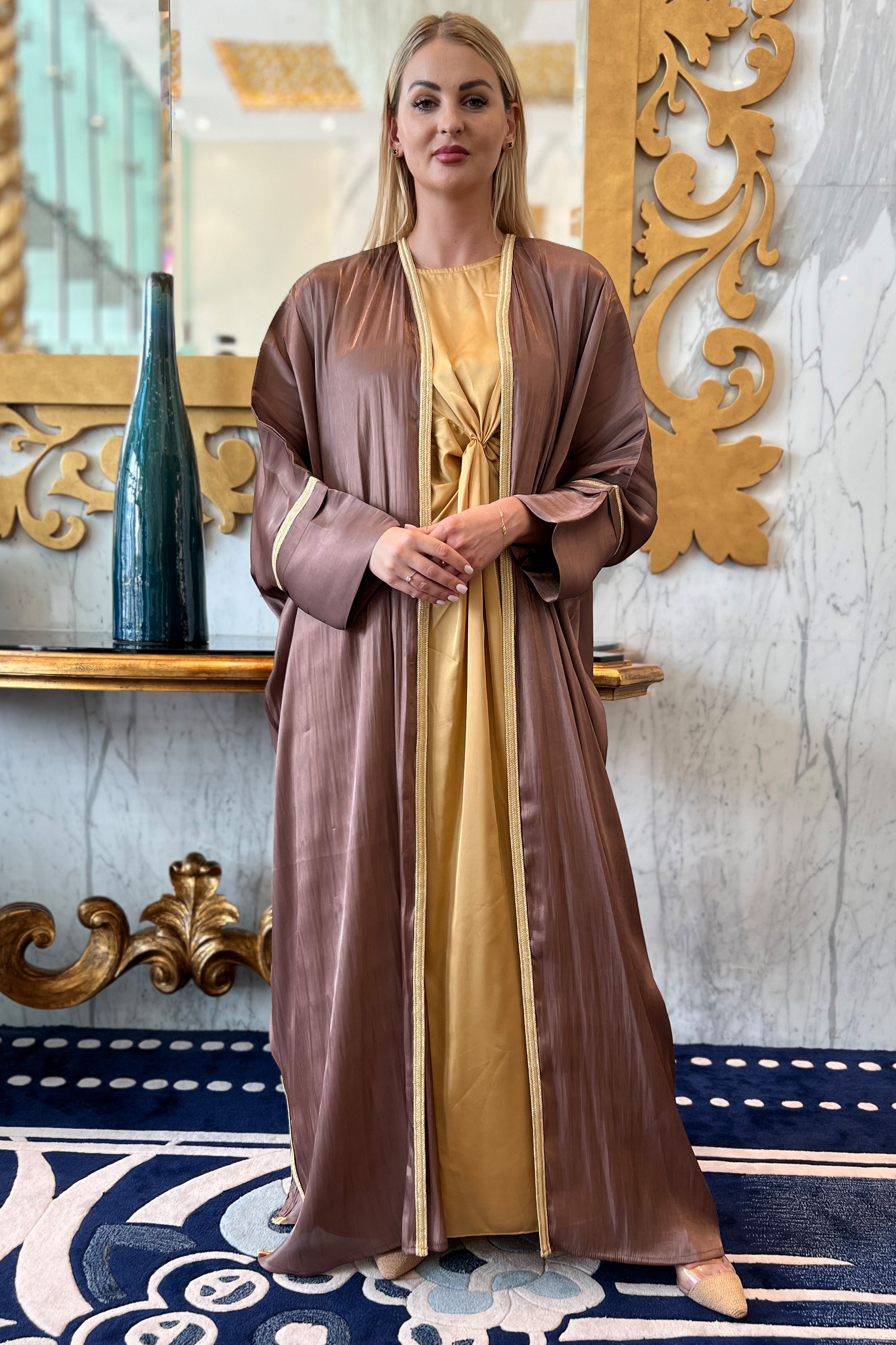 MOiSTREET Brown Rotana Shimmer Bhist Abaya Set
