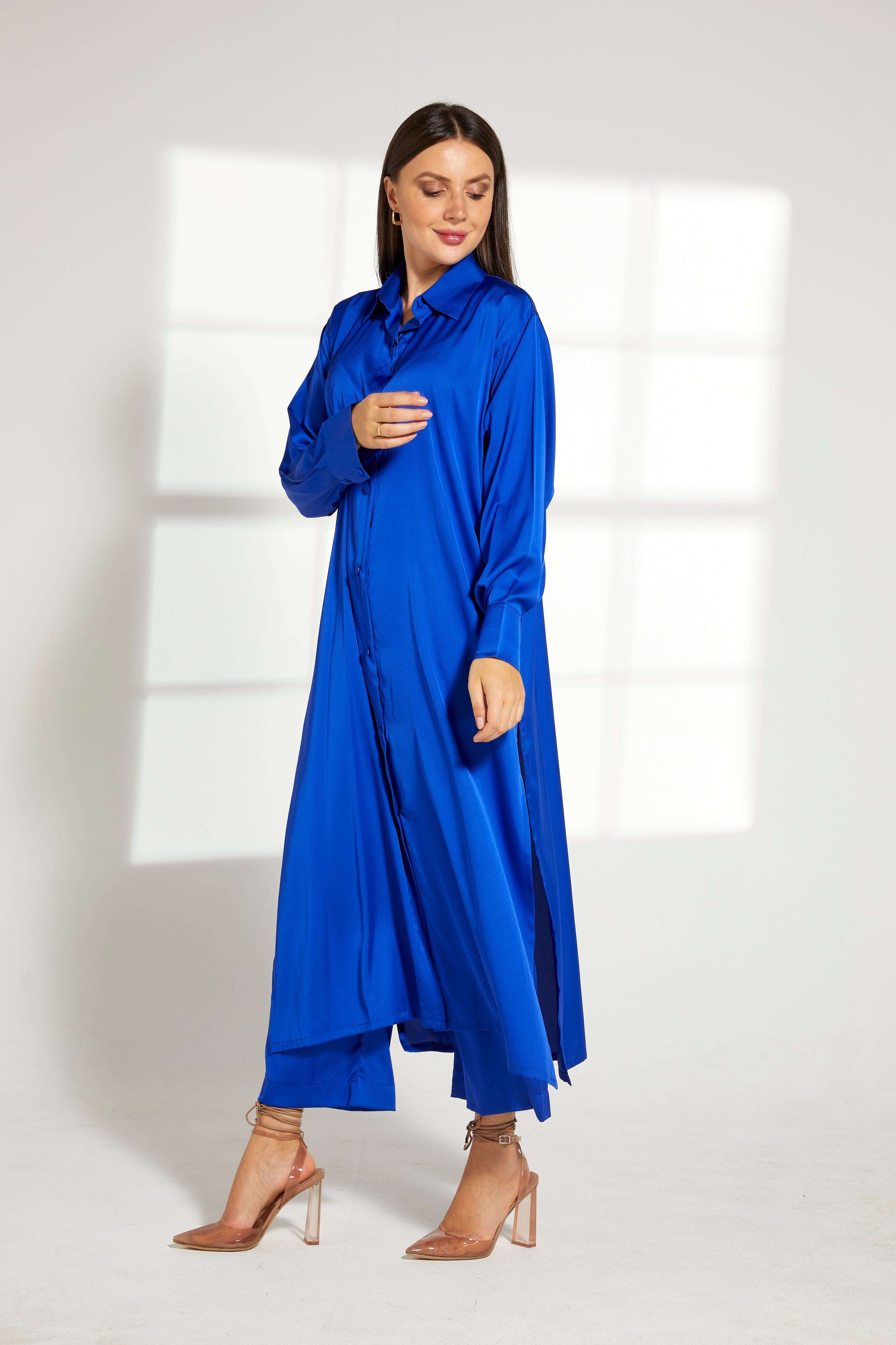 MOiSTREET Blue Silk Fabric Top and Pants Set