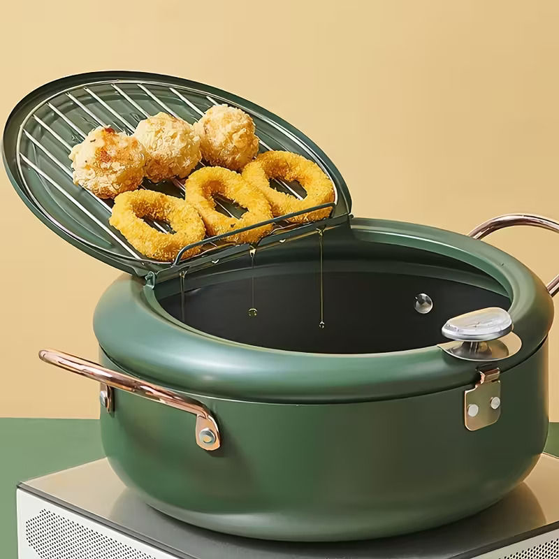 Mini Deep Fryer Pot with Integrated Thermometer & Oil Drain Rack (Green)