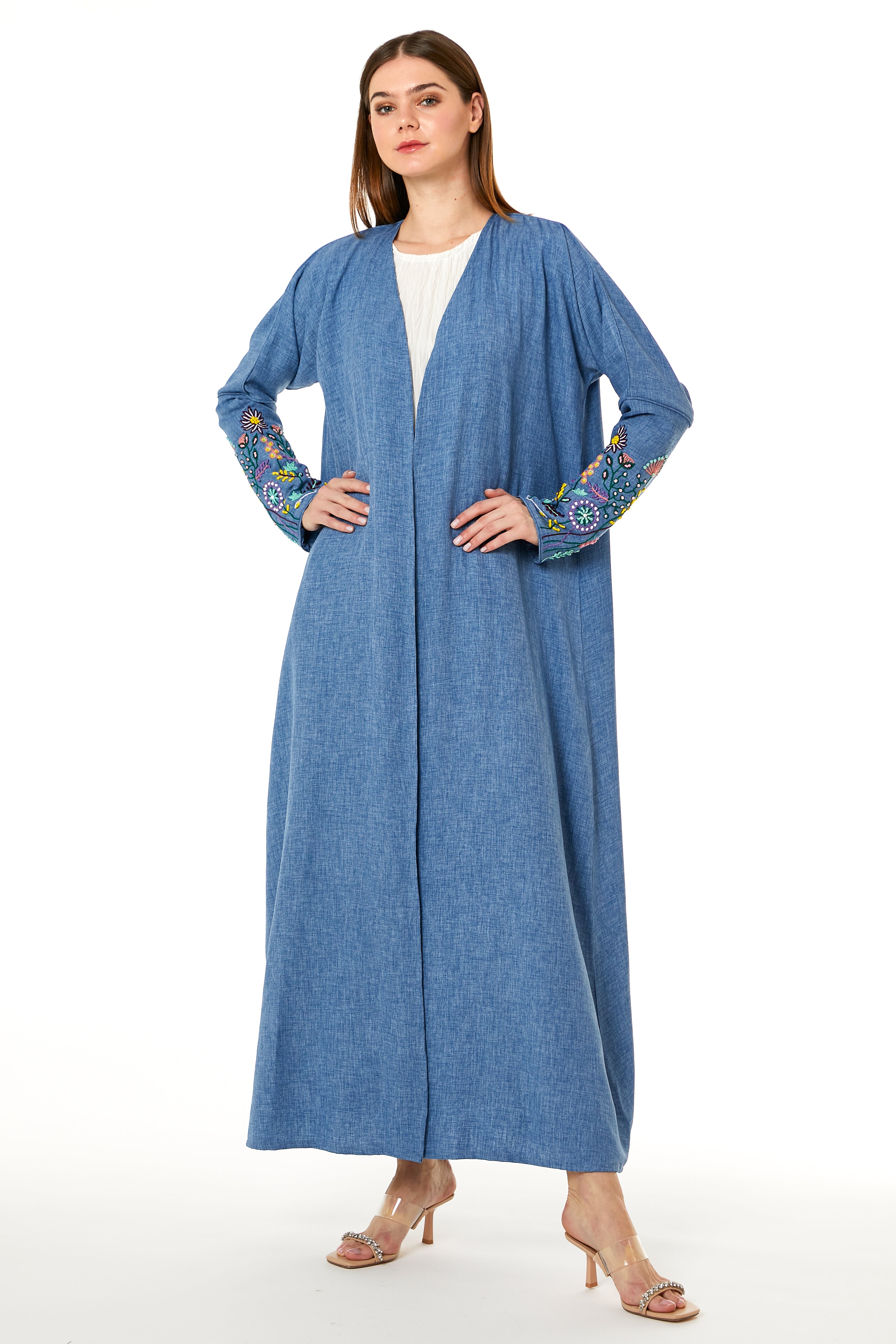 MOiSTREET Blue CEY Melange Embroidered Abaya Narrow Sleeves