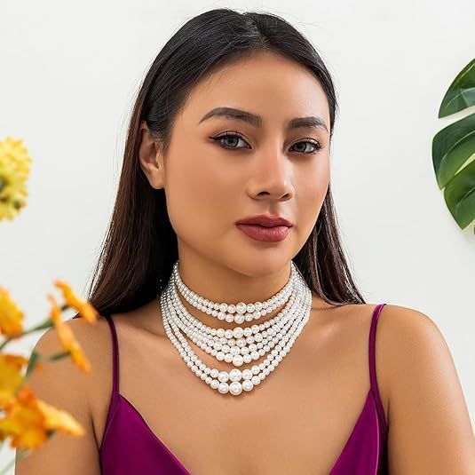 Elegant Multi Strand Imitation Pearl Necklace Bohemian White Beaded Statement Necklace Women Jewelry