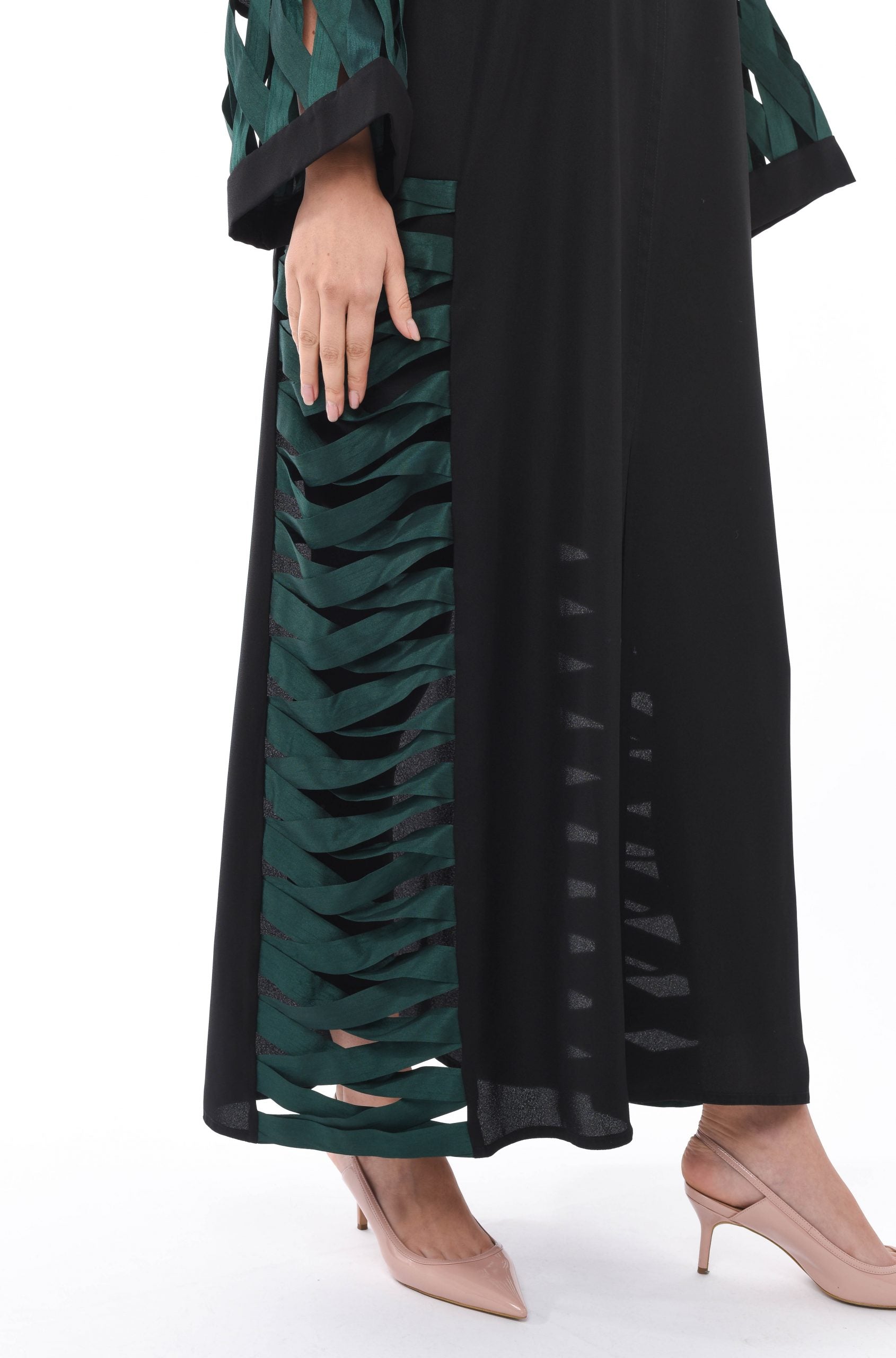 MOiSTREET Black Abaya with Green Criss Cross Detailing