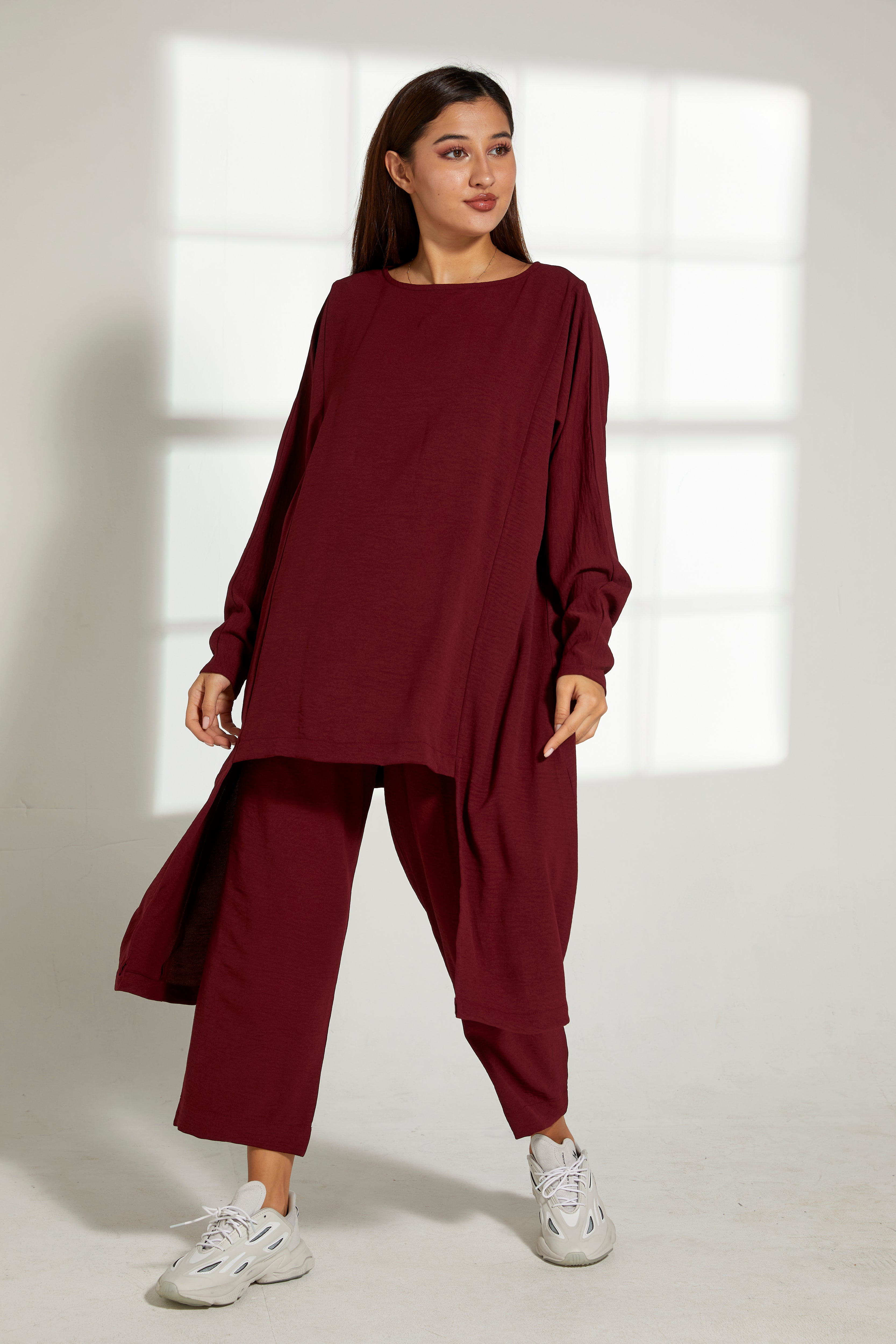 MOiSTREET Maroon CEY Fabric Top And Pants Set