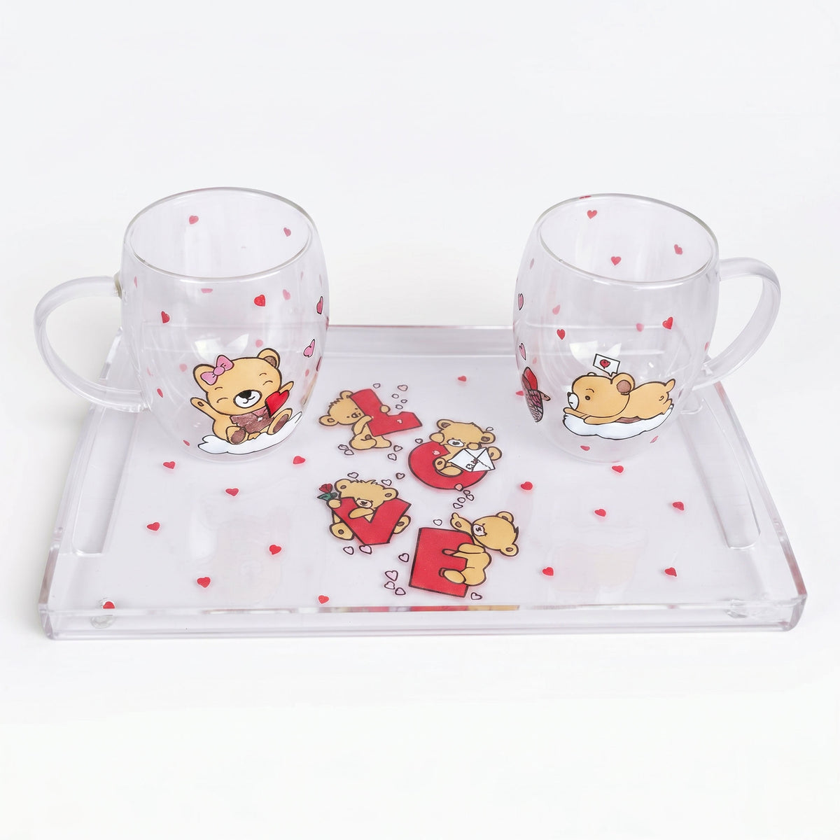 Handi Made Handpainted Double Glass Mugs with Tray (Delivered in up to 7 days)