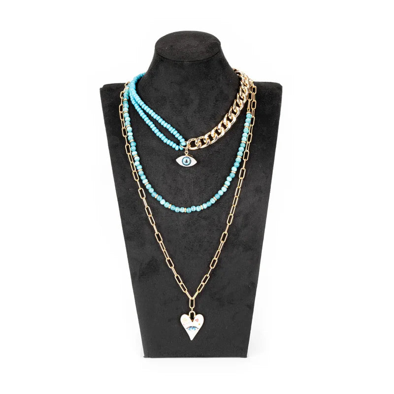 The Dark Layered Turquoise Necklace with Evil Eye Heart Pendant