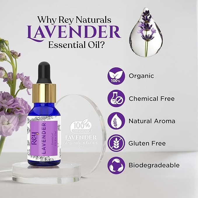 Rey Naturals Lavender Essential Oil for Hair,Skin|100% Pure Lavender Oil with Natural Lavandula Angustifolia Extract 15 ml