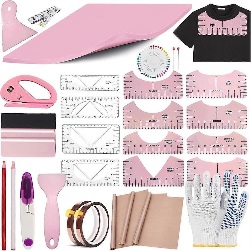 1set Sublimation Shirt Tool Kit for Vinyl Alignment,Heat Press-Pad Silicone,T-Shirt Ruler Guide for HTV Vinyl,Craft B(Pink)