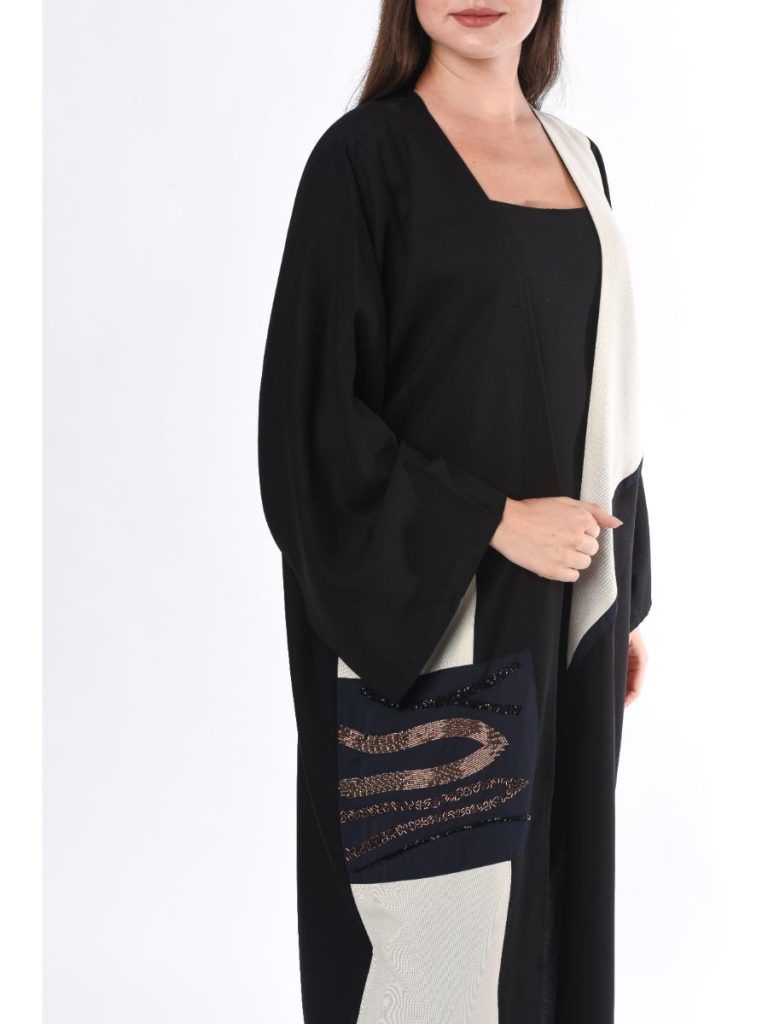 MOiSTREET Black Abaya with Contrast Panel and hand embroidery